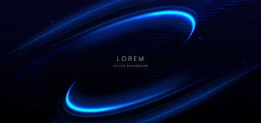 Lşık efektli mavi kıvrımlı ışınlar ve koyu mavi arka planda parıltı. Vektör illüstrasyonu