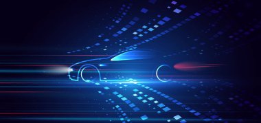 Koyu mavi arka planda yüksek hızlı hareket eden spor araba konsepti. Vektör illüstrasyonu