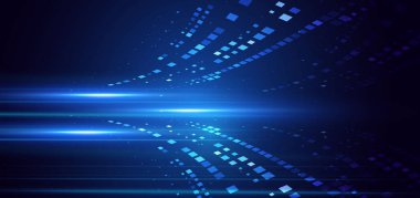 Soyut teknoloji fütüristik parlak mavi ışınlar koyu mavi arka planda yatay ve kare element dekoru. Kavramsal iletişim, yüksek hızlı teknoloji hareketi. Vektör illüstrasyonu