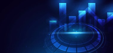 Koyu mavi arka planda ışık efektiyle parlayan maviyi yukarı kaldırın. İş yatırımı grafiği, finansal veriler, fütüristik teknoloji. Vektör illüstrasyonu