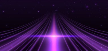 Mor ışıklandırma efekti koyu arka planda parlıyor ve parıldıyor. Vektör illüstrasyonu