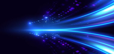 Koyu mavi arka planda parlak mavi kare teknolojisi. Kavramsal iletişim, yüksek hızlı teknoloji hareketi. Vektör illüstrasyonu