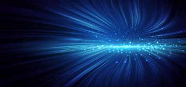 Mavi parlayan dalga çizgileri ışık efektiyle kıvrılır ve koyu mavi arka planda parlar. Teknoloji fütüristik konsepti. Vektör illüstrasyonu