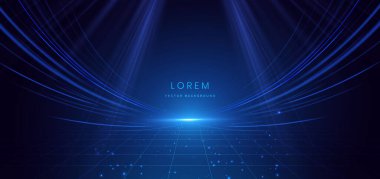 Koyu mavi arkaplanda hareket eden parlak mavi ışık huzmesi. Vektör illüstrasyonu