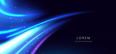 Fütürist mavi ve mor renkli kıvrımlı ışınlar, karanlık arka planda ışık efekti ve ışıltısıyla. Vektör illüstrasyonu