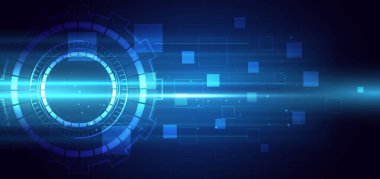 Koyu mavi arka planda ışık efektli dijital teknoloji. Yüksek teknoloji iletişim, yenilik tasarımı. Vektör illüstrasyonu