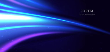 Karanlık arka planda mavi ve mor kıvrımlı ışınlar, ışık efekti ve ışıltısıyla. Vektör illüstrasyonu