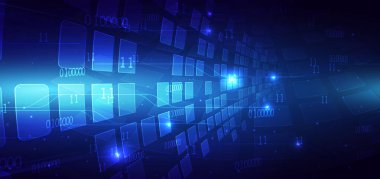 Koyu mavi arka planda teknolojik kare şekilli dijital element. Bu yüzden arka plan dijital iletişim verileri. Vektör illüstrasyonu 