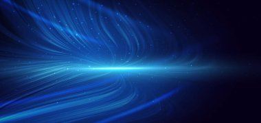 Mavi parlayan dalga çizgileri ışık efektiyle kıvrılır ve koyu mavi arka planda parlar. Teknoloji fütüristik konsepti. Vektör illüstrasyonu