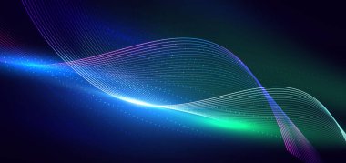 Karanlık arka planda ışık efektli soyut parlayan dalga dinamiği. Teknoloji veri bağlantısı kavramı. Vektör illüstrasyonu