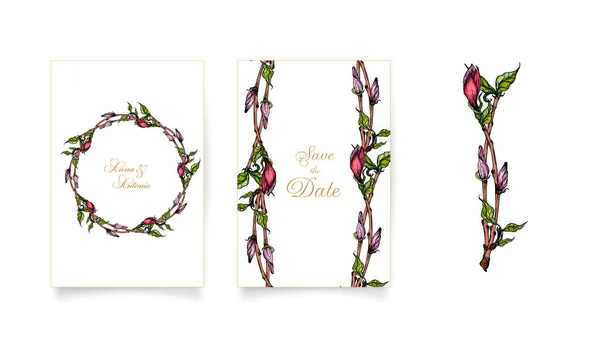 一套卡片和带有粉色木兰花的邀请函 木兰A — 图库矢量图片