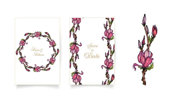 一套卡片和带有粉色木兰花的邀请函 木兰A — 图库矢量图片