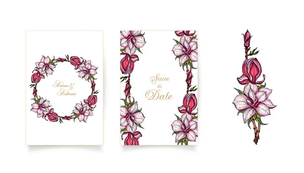 Set Cards Invitations Pink Magnolia Flowers Magnolia — Stock Vector