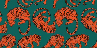 Arka plan vektör kaplanı. Kaplanlar hareket halinde. Kaplanlı renkli arkaplan.