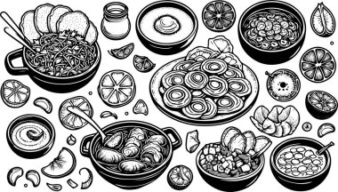 Modayı takip eden Meksika yemek serisi siyah beyaz. Çizgi sanat vektörü el çizimi Meksika yemek temasının karikatür seti