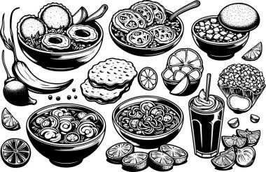 Modayı takip eden Meksika yemek serisi siyah beyaz. Çizgi sanat vektörü el çizimi Meksika yemek temasının karikatür seti