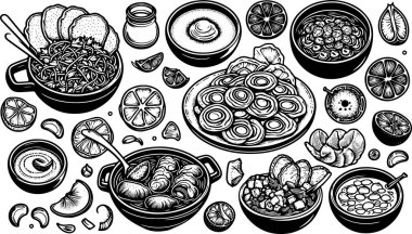 Modayı takip eden Meksika yemek serisi siyah beyaz. Çizgi sanat vektörü el çizimi Meksika yemek temasının karikatür seti