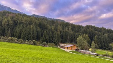 Dolomitik ihtişamın ortasında, ahşap bir ev, kereste yığınları, çam ağaçlarıyla çerçevelenmiş, güneşin öptüğü bir gökyüzünün altında, sakin bir dağ inzivası doğanın renkleriyle yıkanmış.