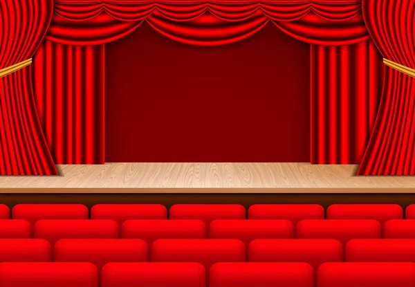 Realistic Theater Wooden Stage Lights Red Curtain — Stock Vector