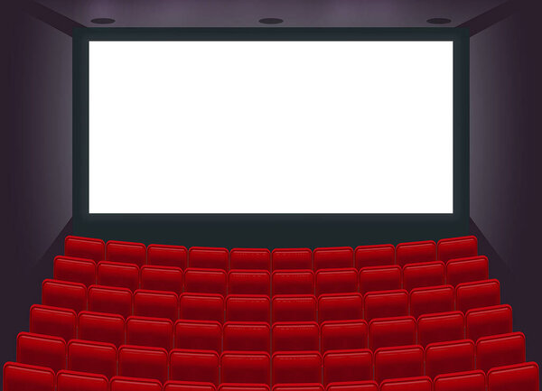 реалистичное кино пустой зал или кинотеатр фильм с белым пустым экраном развлекательный фильм. Вектор eps