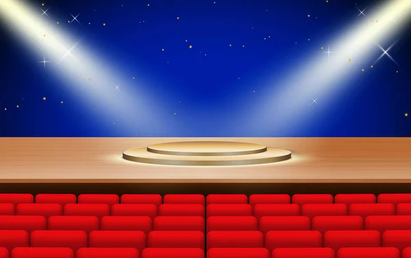 ライトと赤いカーテンのある現実的な劇場の木のステージ — ストックベクタ