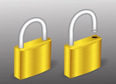 Gerçekçi altın ve gümüş asma kilitli metal seti izole edildi. vektör içer