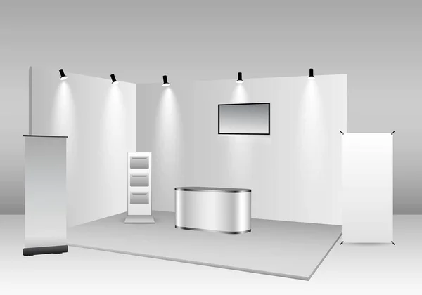 Ensemble Stand Exposition Commerciale Réaliste Blanc Kiosque Exposition Vierge Stand — Image vectorielle