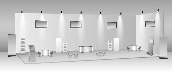 set of realistic trade exhibition stand or white blank exhibition kiosk or stand booth corporate commercial. eps vector