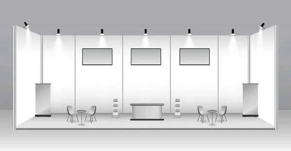 Set Stand Fieristici Realistici Chiosco Espositivo Bianco Stand Stand Commerciale — Vettoriale Stock