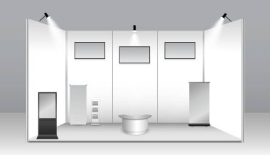 Gerçekçi ticari sergi standı ya da beyaz boş sergi büfesi ya da stand şirketi reklamı. vektör içer