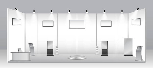 set of realistic trade exhibition stand or white blank exhibition kiosk or stand booth corporate commercial. eps vector