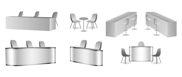 Set Realistic Trade Exhibition Chair Table White Blank Exhibition Kiosk — Stock Vector