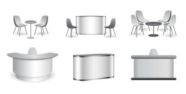 Gerçekçi ticaret fuarı koltuğu ve masası ya da beyaz sergi büfesi seti ya da stand kurumsal reklam.