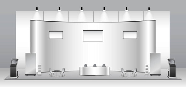 set of realistic trade exhibition stand or white blank exhibition kiosk or stand booth corporate commercial. eps vector