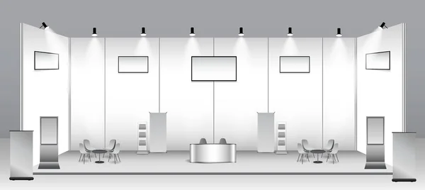Set Stand Fieristici Realistici Chiosco Espositivo Bianco Stand Stand Commerciale — Vettoriale Stock