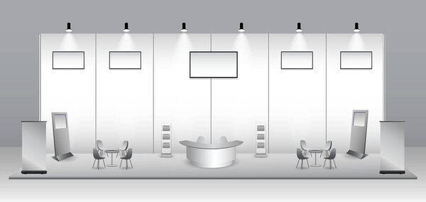set of realistic trade exhibition stand or white blank exhibition kiosk or stand booth corporate commercial. eps vector