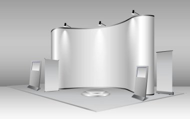 Gerçekçi ticari sergi standı ya da beyaz boş sergi büfesi ya da stand şirketi reklamı. vektör içer