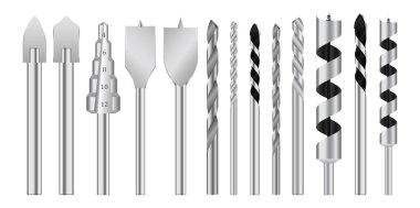 Gerçekçi metal matkap uçları ya da metal çelik aletler. vektör içer