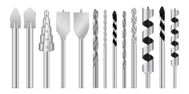 Gerçekçi metal matkap uçları ya da metal çelik aletler. vektör içer