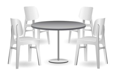 Gerçekçi ticaret fuarı koltuğu ve masa ya da beyaz sergi büfesi seti ya da stand kurumsal reklam. 3B Hazırlama