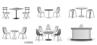 Gerçekçi ticaret fuarı koltuğu ve masa ya da beyaz sergi büfesi seti ya da stand kurumsal reklam. Eps Vektörü