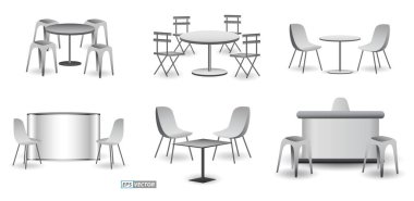 Gerçekçi ticaret fuarı koltuğu ve masa ya da beyaz sergi büfesi seti ya da stand kurumsal reklam. Eps Vektörü