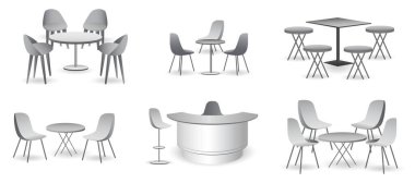 Gerçekçi ticaret fuarı koltuğu ve masa ya da beyaz sergi büfesi seti ya da stand kurumsal reklam. 3B Hazırlama