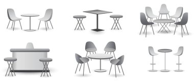 Gerçekçi ticaret fuarı koltuğu ve masa ya da beyaz sergi büfesi seti ya da stand kurumsal reklam. 3B Hazırlama