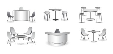 Gerçekçi ticaret fuarı koltuğu ve masa ya da beyaz sergi büfesi seti ya da stand kurumsal reklam. 3B Hazırlama