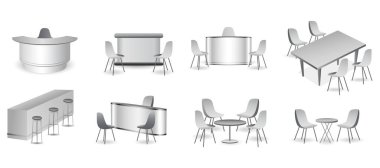 Gerçekçi ticaret fuarı koltuğu ve masa ya da beyaz sergi büfesi seti ya da stand kurumsal reklam. 3B Hazırlama