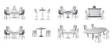 Gerçekçi ticaret fuarı koltuğu ve masa ya da beyaz sergi büfesi seti ya da stand kurumsal reklam. 3B Hazırlama