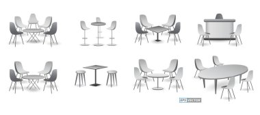 Gerçekçi ticaret fuarı koltuğu ve masa ya da beyaz sergi büfesi seti ya da stand kurumsal reklam. Eps Vektörü