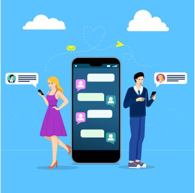 Akıllı telefonlar kullanan bir kadın ve erkek arasındaki dijital iletişimi tasvir eden vektör çizimi. Görüntü, merkezde sohbet baloncuklarıyla büyük bir akıllı telefon ekranı gösteriyor. Bu arada erkek ve kadın her iki tarafta da sohbet ediyorlar.. 