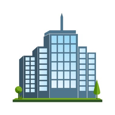 İki küçük bina tarafından çevrelenmiş yüksek bir merkez binanın yer aldığı modern bir gökdelenin çizimi. Görüntü, bulutlu mavi bir gökyüzüne, ağaçlı yeşil bir önplana, kentsel mimariyi ve şehir manzaralarını temsil ediyor..